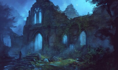 Naklejka premium Enchanted Ruins: Moonlit Mystery Amidst Ancient Walls