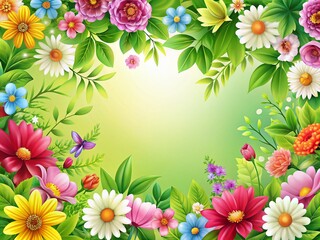 Spring Floral Greeting Card Template with Blooming Flowers and Leaves Border for Customizable Designs
