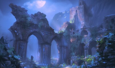 Mystical Moonlit Ruins with Ancient Arches