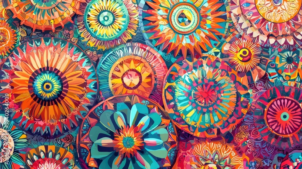 Poster colorful mandalas in vibrant patterns creating a captivating visual tapestry