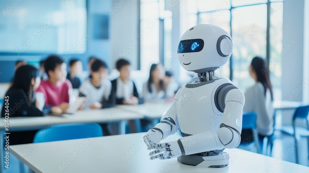 Poster A robot teaching a group of students in a futuristic classroom with interactive learning tools, bright and engaging educational environment, Ed-tech style
