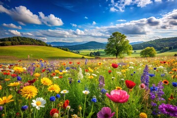 Spring Flower Meadow in Panoramic View – Vibrant Floral Landscape Photography for Nature Lovers