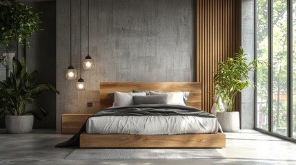 A bedroom with a wooden bed, a potted plant, and a window