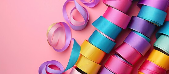 Colorful ribbon reels arranged on a pink background in close up view with copy space image available for text insertion