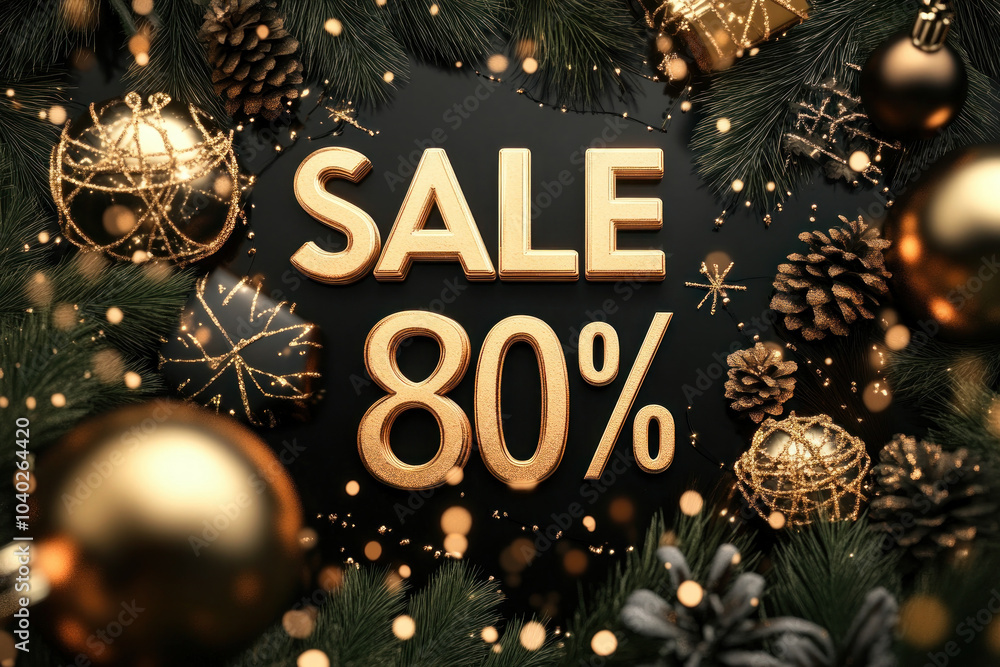 Sticker Christmas 80% sale banner with golden lettering and decorations, shining against a festive red background, inviting viewers to shop and celebrate the holiday season.