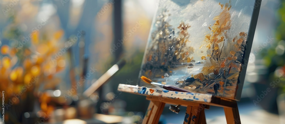 Poster concept of art creativity depicted by a brush on an easel with a miniature canvas emphasizing a copy