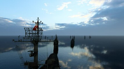 Canadian warship facing enemy warships 
