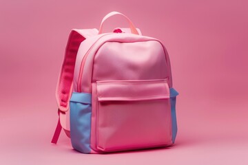 A pink and blue backpack on a pink background, suitable for travel or adventure images