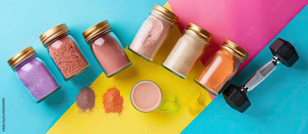 Poster top view of jars of protein powder and dumbbells arranged on a colorful background symbolizing the c