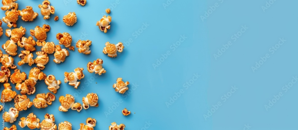 Poster top down view of caramel popcorn against a blue backdrop with ample copy space image