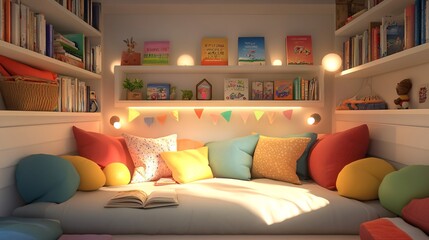 This cozy reading nook in a basement bedroom features colorful cushions, bookshelves, and playful decor, creating an inviting space for kids to enjoy reading.