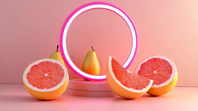 A pink neon ring sits behind three halved grapefruits and a pear on a pink surface