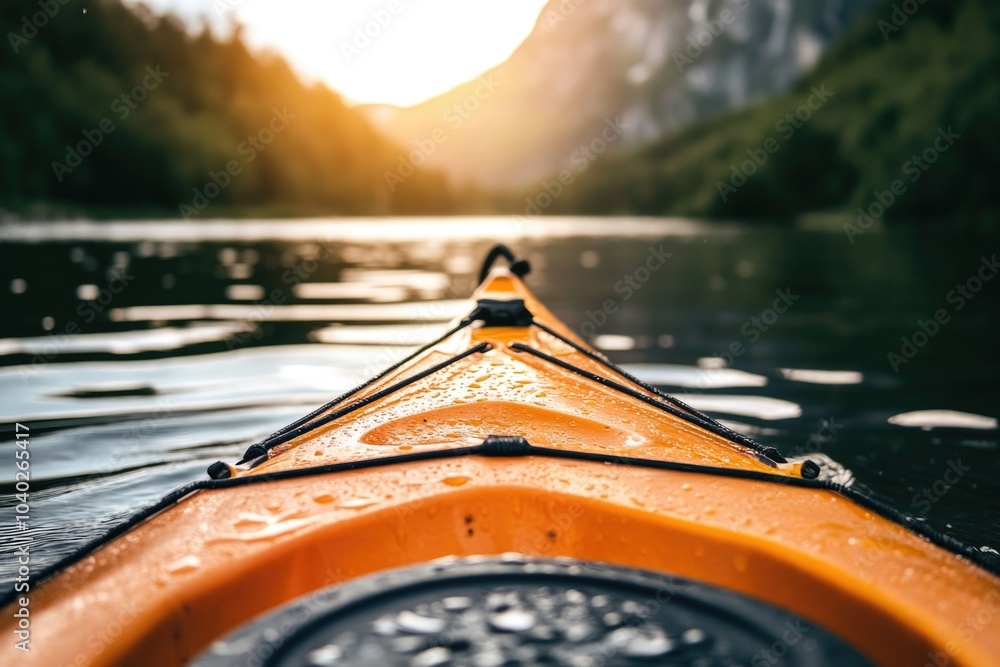 Poster a kayak floating on calm water with surrounding trees and foliage