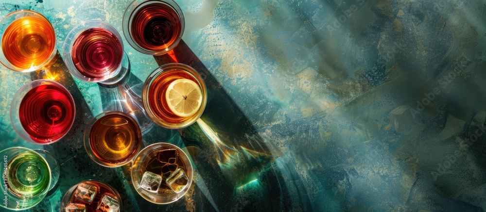 Poster various liqueurs in glasses arranged on a textured table top view perspective with room for text in 