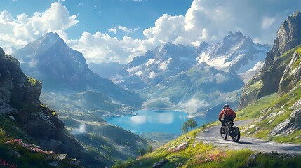 Fototapeta premium A helmeted biker cruising along a steep mountain road, the lake below shimmering under the bright midday sun, surrounded by rugged peaks, the path winding through the alpine terrain,