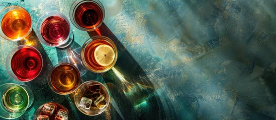 Various liqueurs in glasses arranged on a textured table top view perspective with room for text in a copy space image