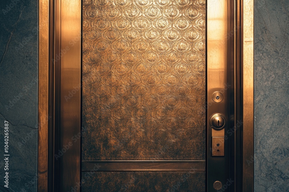 Poster a close-up view of a door with a metal frame, suitable for use in architectural or design contexts