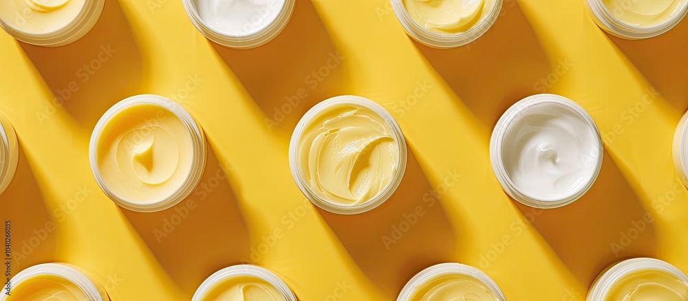 Poster top down view showing face cream samples on a yellow backdrop with room for text in the image