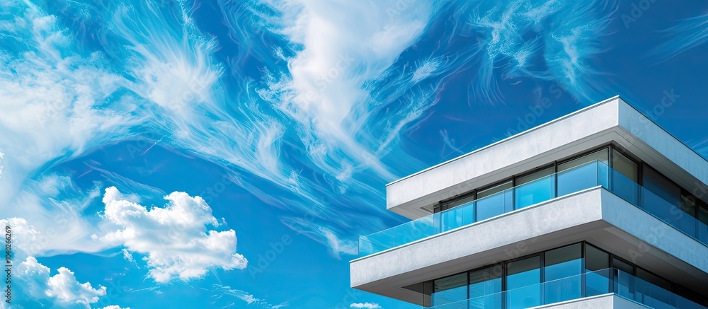 Aufkleber a modern house with architectural elements set against a bright blue sky with altocumulus and cumulu