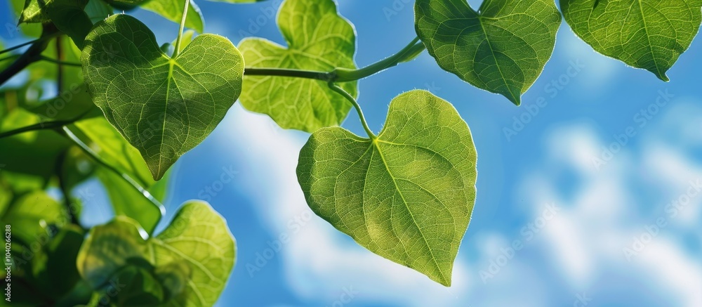 Poster heart shaped leaves against a sky backdrop creating an enchanting nature scene with lush greenery an