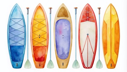 Stand Up Paddle Boards in Vibrant Colors - Minimalist Watercolor Illustration for Design and Decoration