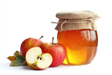 A jar of honey placed next to two apples on a table or counter