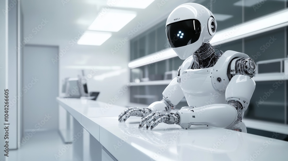 Poster a robot working in a futuristic energy management lab with integrated renewable energy systems, clea