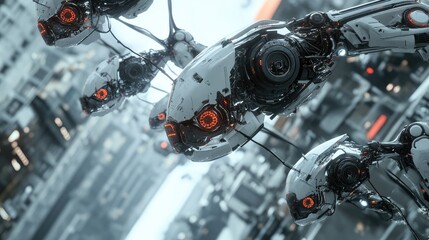 Fototapeta premium Futuristic robot parts assembling themselves in mid-air