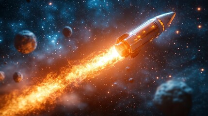 A rocket launching through space with flames and asteroids in view