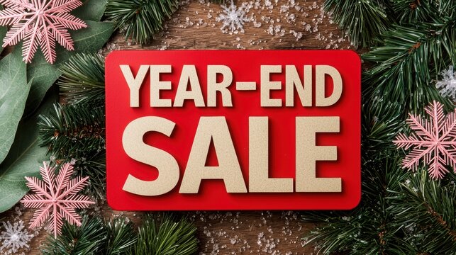 Festive year-end sale sign surrounded by holiday decorations, perfect for promoting seasonal discounts and shopping excitement.