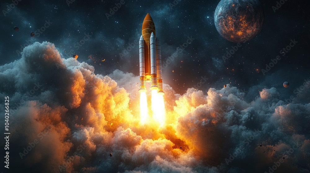 Poster rocket launching into space with clouds and a distant planet