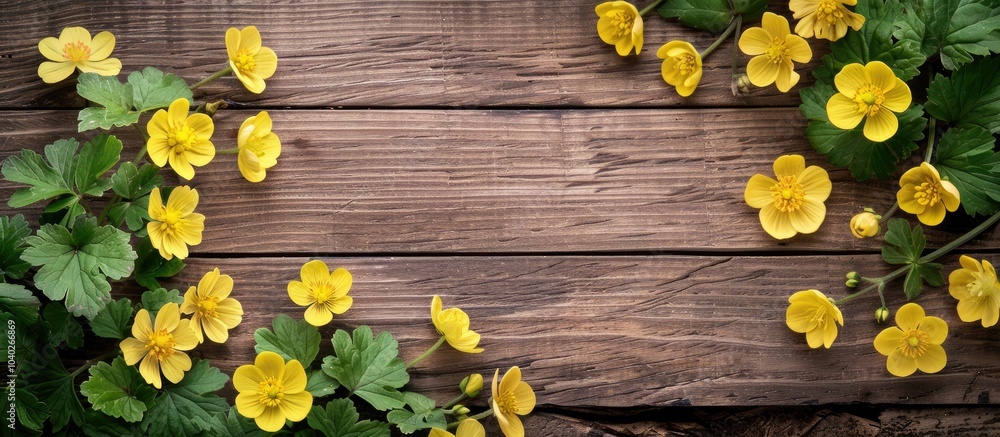 Poster top view of lovely celandine flowers arranged on a wooden surface with a designated area suitable fo