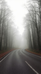 Fototapeta premium winding highway surrounded by tall, bare trees creates mysterious atmosphere in fog. scene evokes sense of solitude and tranquility, inviting exploration