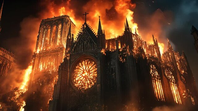 The Notre Dame Cathedral in Paris is engulfed in flames during a devastating fire in 2019