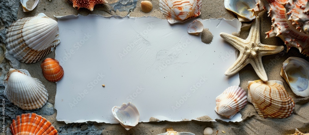 Poster shells a starfish and white paper with a copy space image