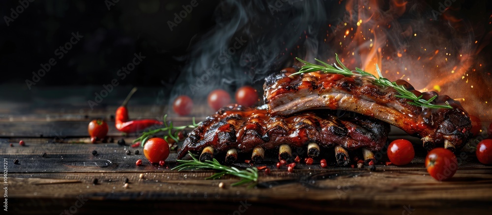 Poster delicious grilled barbecue pork ribs on a rustic table with a copy space image as the background