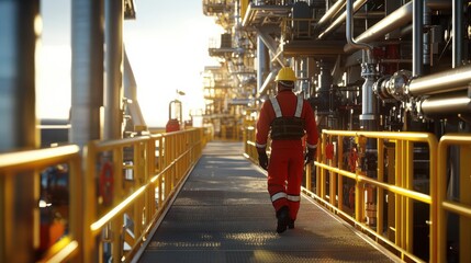 A worker in an oil and gas facility, wearing safety gear like a hard hat and a high visibility safety coverall with reflective stripes