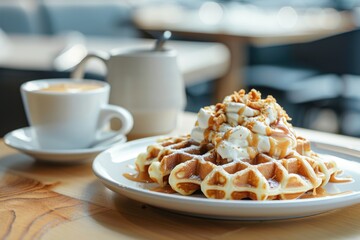 A plate of waffles served with a warm cup of coffee, perfect for breakfast or brunch