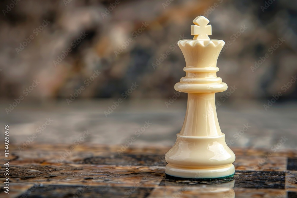 Poster a close-up view of a chess piece on a table, perfect for illustrating strategy and problem-solving