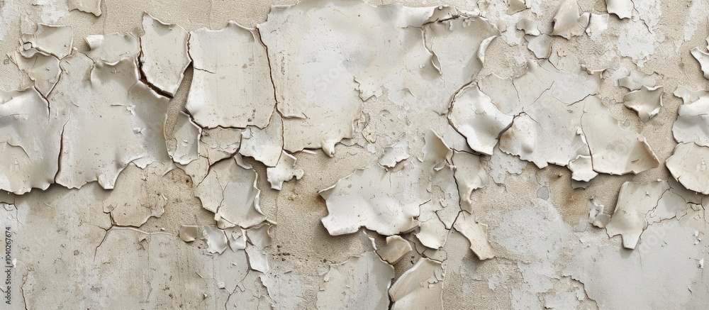 Poster close up image showing a weathered concrete wall with chipped beige paint highlighting its rough tex