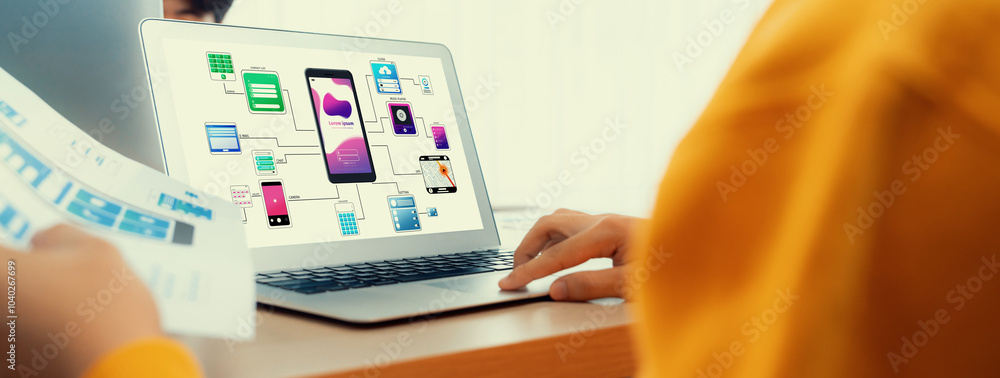 Aufkleber panorama banner of startup ux developer or company employee design user interface or ui prototype fo