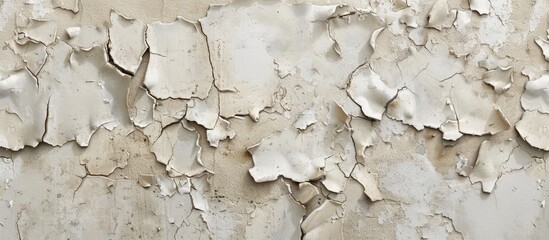 Close up image showing a weathered concrete wall with chipped beige paint highlighting its rough texture in the copy space image