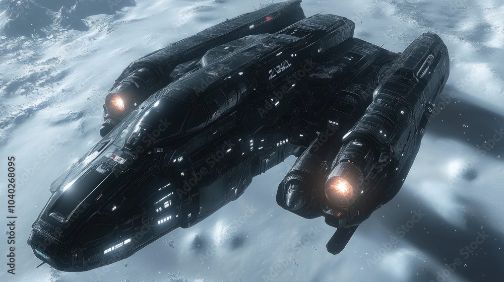 Poster advanced spaceship soaring through a futuristic outer space environment