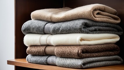 Three neatly folded sweaters in soft beige, gray, and navy are stacked in a wooden shelf, showcasing their cozy and textured knit fabrics.