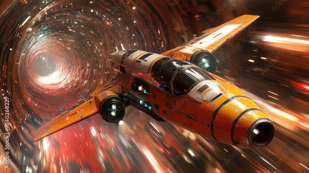 Poster a spaceship traveling through a colorful wormhole in deep space