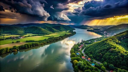 Naklejka premium Storm Over Danube River: Aerial View of Visegrad Landscape with Summer Rain and Dramatic Weather