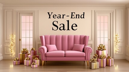 Stylish living room featuring a pink sofa with a year-end sale announcement and decorative gifts, perfect for seasonal marketing.