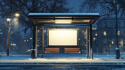 A mock up, white blank advertising board on an urban street at night, in a bus stop shelter, cold and frosty, retail and business concept