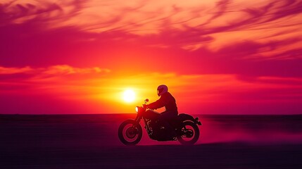 A helmeted biker riding across an open plain, the sun sinking low on the horizon, casting a vivid orange glow over the landscape, the sky above filled with streaks of pink and purple,