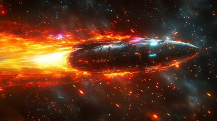 Futuristic spaceship traveling through space with fiery propulsion effect
